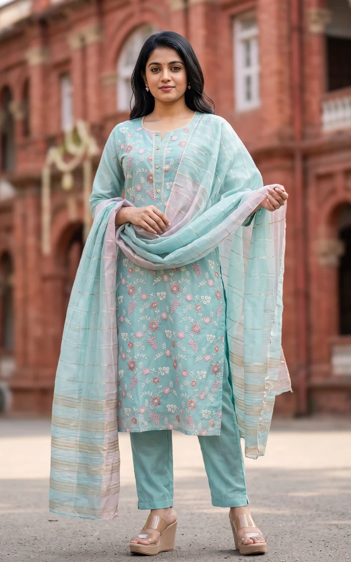 Pastel Blue Floral Embroidered Straight Kurta set